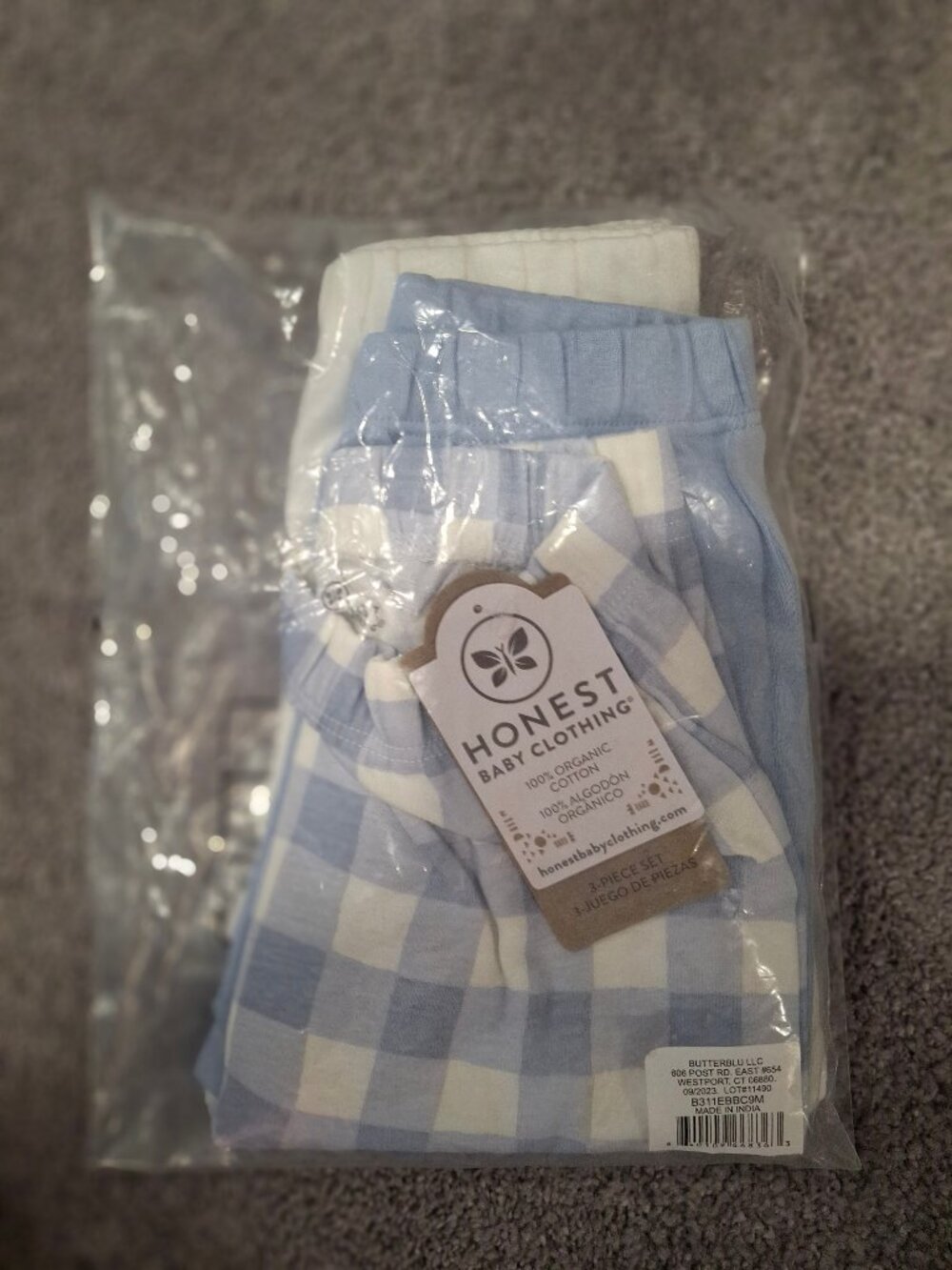 3 piece footed pants, Honest Baby organic cotton, 6-9 months, white/blue for boy